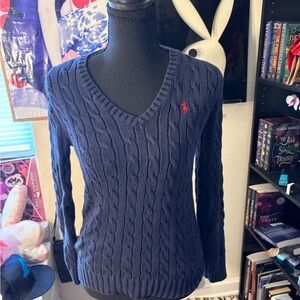 Ralph Lauren Navy Cable-Knit V-Neck Sweater with Red Pony